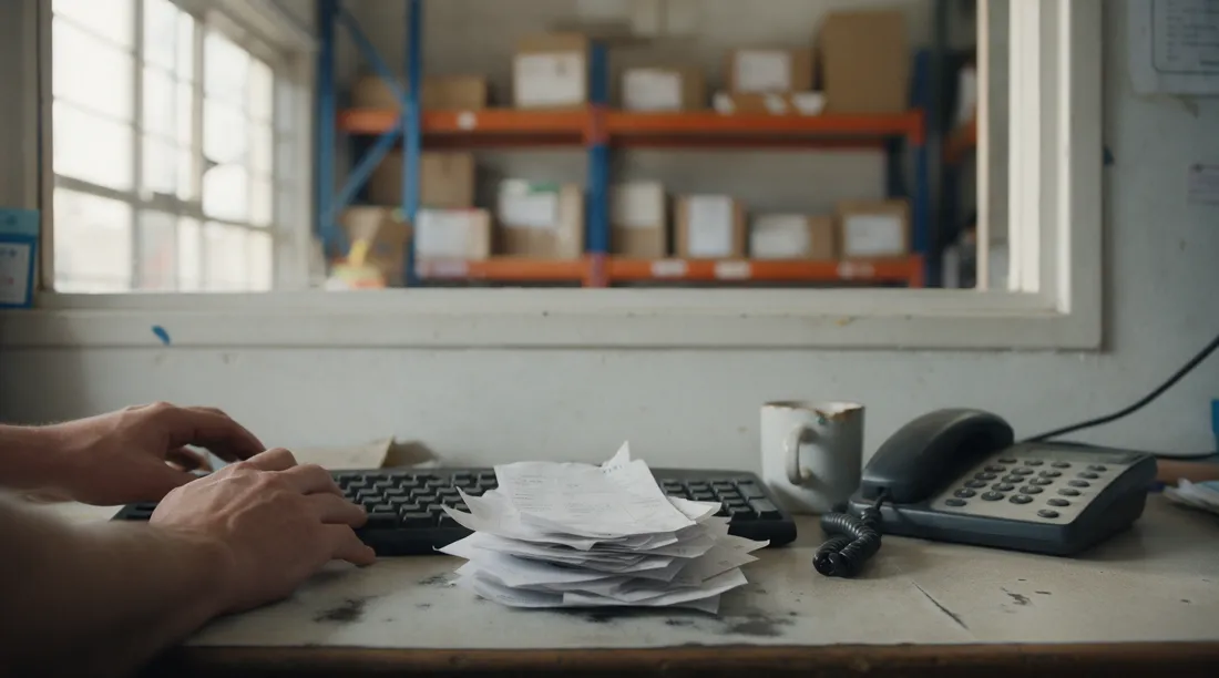 A dispatch desk with a worn keyboard, a stack of paper delivery notes, a desk phone and a mug, with warehouse shelving behind.